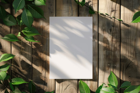 Blank White Poster Mock-up with Shadows on Wooden Fence and Green Leavesの素材