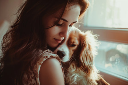Woman with her dog enjoying a tender moment. Friendship and love concept. Indoor lifestyle photography with warm tonesの素材