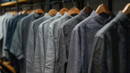 Assortment of casual men's shirts on hangers in a retail display. Close-up on various shades of blue and gray. Fashion and retail concept for banner, headerの素材