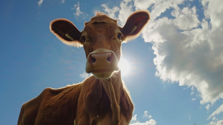 Backlit Cow Looking at Camera with Sun Flare and Cloudy Skyの素材