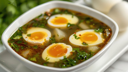 Traditional Ramen Soup with Soft Boiled Eggs and Fresh Herbsの素材