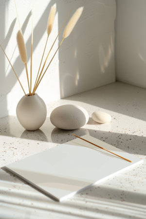 Minimalistic home decor with dried pampas grass in a vase, stones, and blank notebooks on a terrazzo countertop. Interior design concept with copy space for textの素材