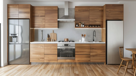Modern kitchen interior with wooden cabinets and stainless steel appliances. Home design and real estate concept. Space for textの素材