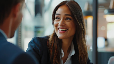 Smiling businesswoman in conversation during a meeting. Positive workplace communication concept. Design for corporate profiles and marketing materialsの素材