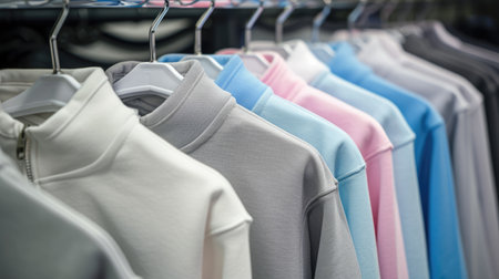 Assorted pastel-colored sweatshirts on hangers. Fashion and apparel concept for textile designの素材