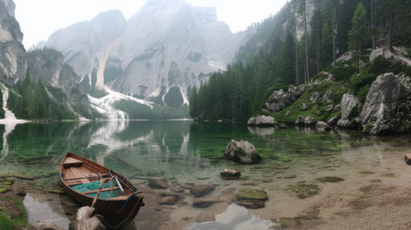 Rowboat on the clear waters of a mountain lake. Serene nature and travel concept. Design for travel brochures, landscape photography, and relaxation themesの素材