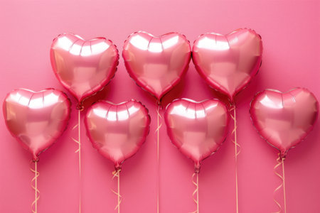 Multiple shiny pink heart-shaped balloons on a pink background. Valentine's Day celebration and love concept with copy space for design and printの素材