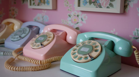 Vintage rotary dial telephones in pastel colors. Retro communication concept for design and printの素材
