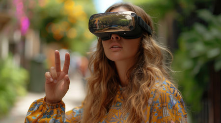 Woman Enjoying Virtual Reality Experience Outdoors Showing Peace Signの素材