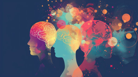 Conceptual illustration of human profiles with colorful brain mapping. Psychology and creativity concept for poster and educational material designの素材