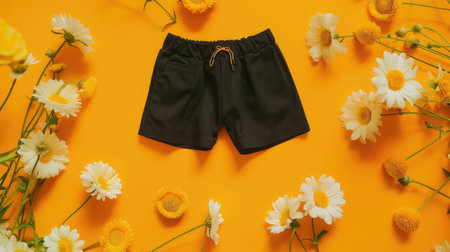 Black casual shorts amongst white daisies and yellow flowers on a yellow background. Flat lay composition with copy space. Summer clothing and floral concept for design and printの素材