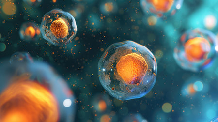 Close-up of human stem cells with dynamic particle effects on blue background. Scientific concept for genetic research and biotechnology for designの素材