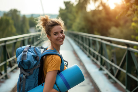Smiling female hiker with backpack and yoga mat on bridge in nature. Adventure and healthy lifestyle concept.の素材