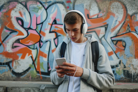 Young man with headphones using smartphone against graffiti wall. Urban lifestyle and technology concept. Street portrait photography with copy space for design and printの素材