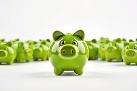 Single green piggy bank standing out from a crowd of piggy banks. Savings and financial management concept.の素材