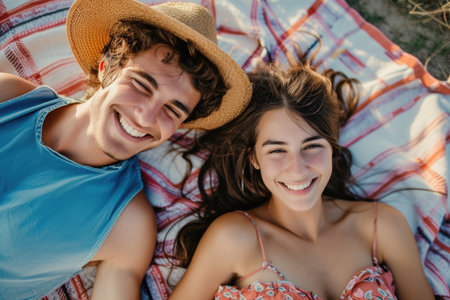 Happy couple lying on colorful blanket outdoors. Close-up portrait with copy space. Casual summer leisure concept. Design for greeting card, invitationの素材