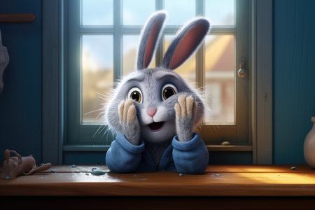 Excited rabbit looking out the window. Digital illustration in a children's book style. Concept for curiosity, adventure, and childhood imaginationの素材
