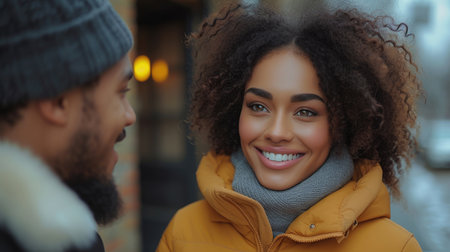 Engaging young woman in conversation with a man in cold weather attire. Urban winter lifestyle and connection concept.の素材