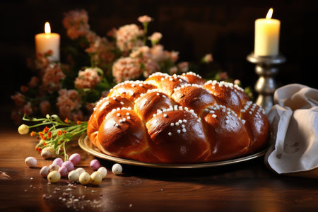 Artisanal braided Easter bread with candles and flowersの素材