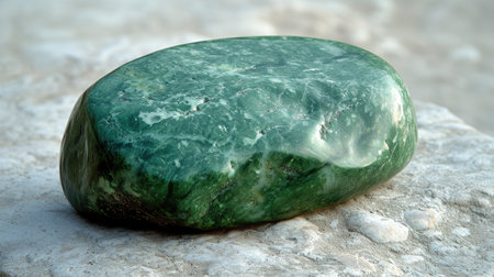 Lustrous green serpentine stone resting on a textured stone surfaceの素材