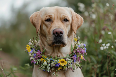 Labrador retriever wearing flower wreath. Close-up pet portrait with natural backdropの素材