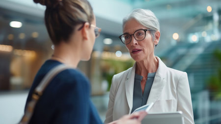 Senior businesswoman in a white blazer talking to a colleague in a modern office environment. Professional workplace and leadership concept for designの素材