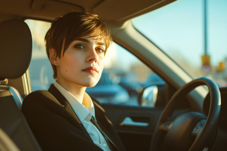 Young professional woman in a suit driving a car during a golden sunset in the cityの素材