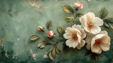 Elegant dogwood flowers against a vintage teal backdropの素材