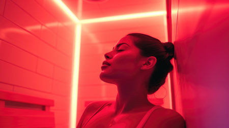 Woman in a red light therapy room, absorbed in serene relaxationの素材