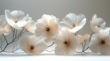 Translucent white flowers on branches against a neutral background. Studio botanical photography with elegant simplicityの素材