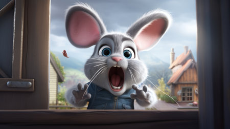 Amazed rabbit peeking through a window. Digital animation still of a joyful characterの素材