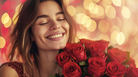 Radiant woman holding a bouquet of red roses, with warm bokehの素材