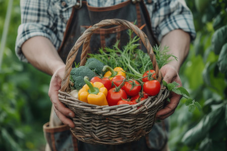 Farmer's hands holding a basket full of fresh, colorful vegetablesの素材