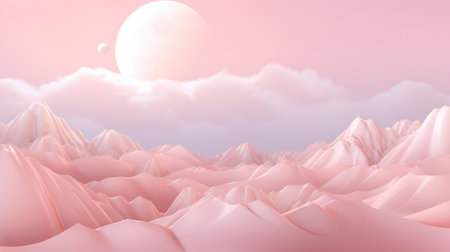 Surreal pink landscape with mountains and moonの素材