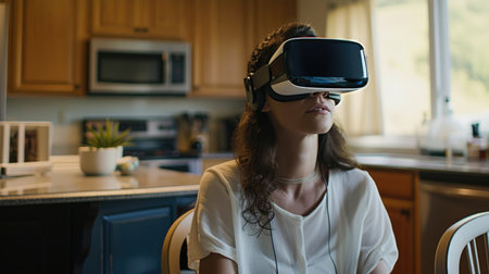 Young woman engaged with a VR headset, exploring virtual spaces in her cozy kitchenの素材
