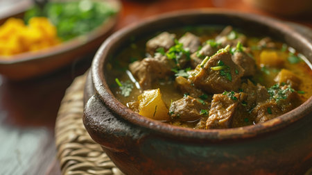 Savory Beef Stew in Traditional Clay Pot with Herbsの素材