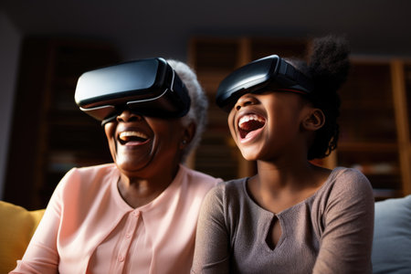 Grandmother and granddaughter experiencing virtual reality. Family enjoying VR technology at home. Intergenerational tech interaction conceptの素材