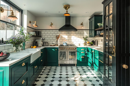 Modern kitchen with green cabinets and geometric floor tiles. Home interior designの素材
