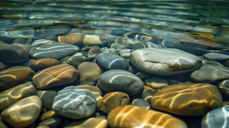 Smooth multicolored river stones submerged in clear waterの素材