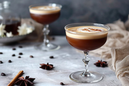 Espresso martini cocktail on a textured background. Elegant beverage conceptの素材