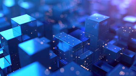 Shiny cubes with iridescent surfaces and a reflective abstract backgroundの素材