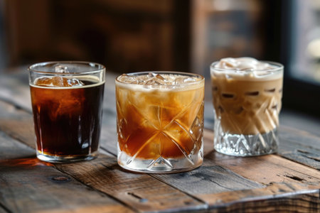 Assortment of cold brew coffee drinks on wooden table. Food and drink conceptの素材