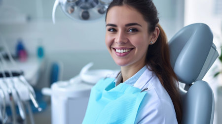 Happy dentist with a patient in a dental chair, both smilingの素材