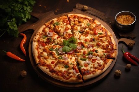 Whole pizza with a variety of toppings on a wooden board. Food photography concept for Italian cuisine, dining, and cookingの素材