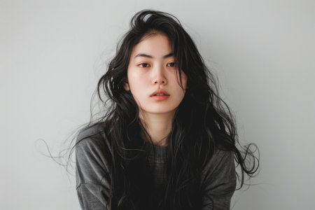 East Asian woman with natural look and flowing hair. Casual studio portrait. Natural beauty and fashion concept. Design for casual wear and printの素材