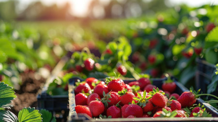 Crates of strawberries freshly picked on a farm. Agriculture and healthy eating concept with copy space for design and printの素材