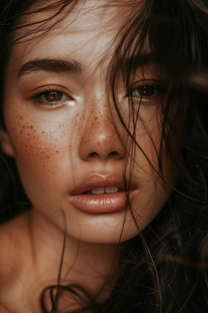 Close-up portrait of a young woman with freckles and wet hair strands on her face. Studio beauty photography with natural makeup concept for design and print.の素材