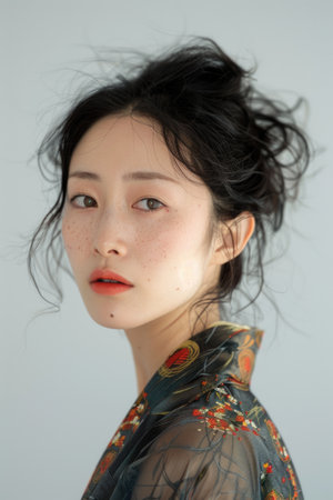 Portrait of a young woman with freckles wearing an embroidered dress. Studio photography with a modern artistic conceptの素材