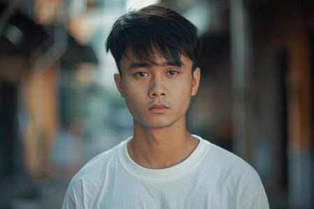 Young Southeast Asian man in a contemplative mood. Outdoor close-up portrait with urban backgroundの素材