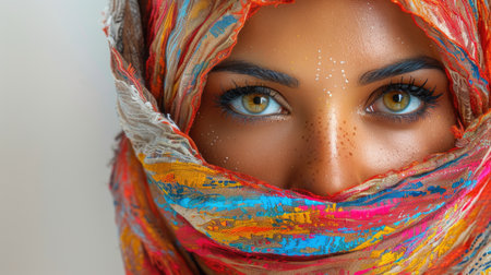 Vivid Portrait of an Indian Woman with Colorful Scarf Covering Half of Her Faceの素材